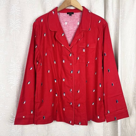Talbots cotton flannel sleep set red Dancing Penguins print pajamas top pants M - Picture 3 of 11